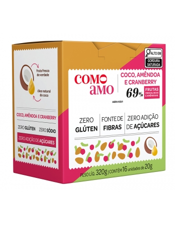 Snack Doce Coco, Amêndoas e Cranberry Zero - ComoAmo- Display 16 X 20g