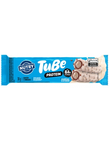 Tubo de Proteína Tube Cookies & Cream - NUTRY - Display 12 x 38g Com 8,4g de Proteína e Zero Açúcar