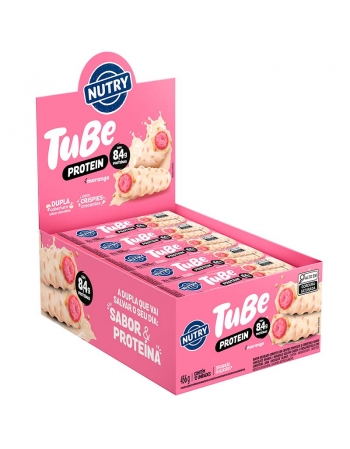 Tubo de Proteína Tube Morango - NUTRY - Display 12 x 38g Com 8,4g de Proteína e Zero Açúcar