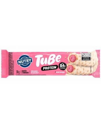 Tubo de Proteína Tube Morango - NUTRY - Display 12 x 38g Com 8,4g de Proteína e Zero Açúcar