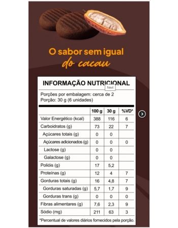 Biscoito Doce de Cacau Zero Proteico - ARUBA - 50g