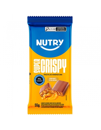 Barra de Proteína Super Crispy Pasta de Amedoim - Nutry - 12x55g - Com 20g de Proteína, Whey, Colágeno e Zero Adição de Açúcares