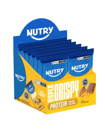 Barra de Proteína Super Crispy Pasta de Amedoim - Nutry - 12x55g - Com 20g de Proteína, Whey, Colágeno e Zero Adição de Açúcares