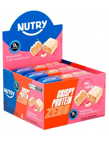 Barra de Proteína Crispy Zero Morango e Chantilly -Nutry -12 x 30g- Com 9g de Proteína, Whey, Colágeno e Zero Adição de Açúcares