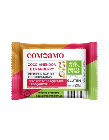 Snack Doce Coco, Amêndoa e Cranberry Zero Adição de Açúcares e 39% Fibras - ComoAmo - Display 16 X 20g