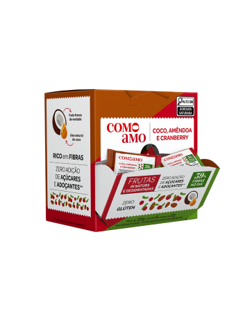 Snack Doce Coco, Amêndoa e Cranberry Zero Adição de Açúcares e 39% Fibras - ComoAmo - Display 16 X 20g