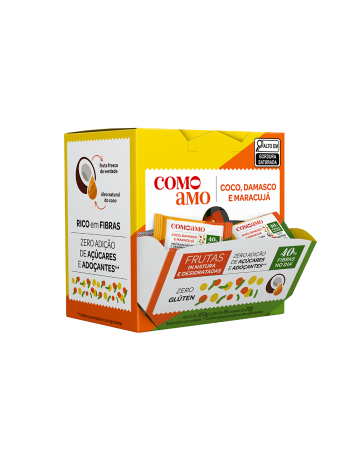 Snack Doce Coco, Maracujá e Damasco Zero Adição de Açúcares e 40% Fibras - ComoAmo - Display 16 X 20g