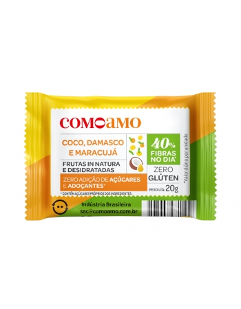 Snack Doce Coco, Maracujá e Damasco Zero Adição de Açúcares e 40% Fibras - ComoAmo - Display 16 X 20g