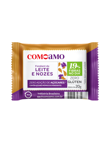 Fondant de Leite com Nozes 19% Fibras e Zero Adição de Açúcares - ComoAmo - Display 16 X 20g