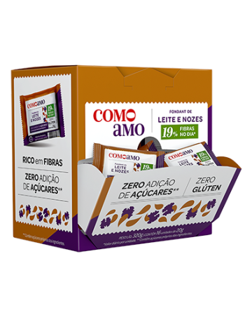 Fondant de Leite com Nozes 19% Fibras e Zero Adição de Açúcares - ComoAmo - Display 16 X 20g