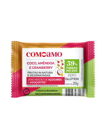 Snack Doce Coco, Amêndoa e Cranberry Zero Adição de Açúcares e 39% Fibras - ComoAmo - Display 16 X 20g