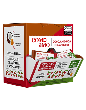 Snack Doce Coco, Amêndoa e Cranberry Zero Adição de Açúcares e 39% Fibras - ComoAmo - Display 16 X 20g