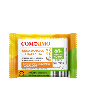 Snack Doce Coco, Maracujá e Damasco Zero Adição de Açúcares e 40% Fibras - ComoAmo - Display 16 X 20g