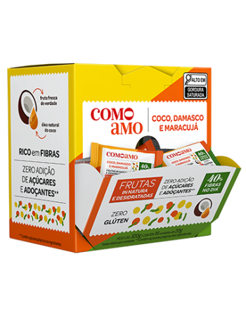 Snack Doce Coco, Maracujá e Damasco Zero Adição de Açúcares e 40% Fibras - ComoAmo - Display 16 X 20g