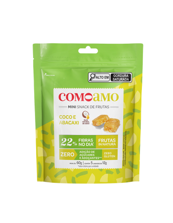 Snack Mini Coco e Abacaxi com 22% Fibras e Zero Adição de Açúcares - ComoAmo - Pouch 60g