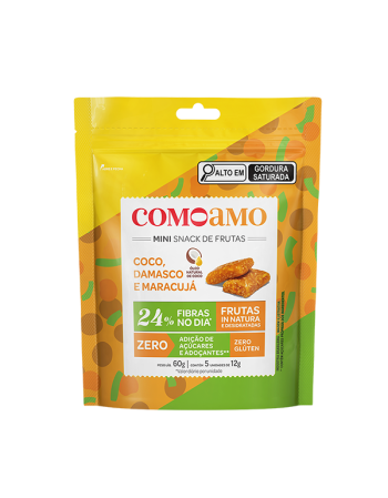 Snack Mini Coco, Damasco e Maracujá com 24% de Fibras e Zero Adição de Açúcares - ComoAmo - Pouch 60g