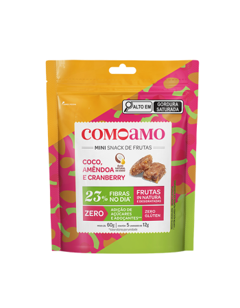 Snack Mini Coco, Amêndoas e Cranberry com 23% de Fibras e Zero Adição de Açúcares - ComoAmo - Pouch 60g